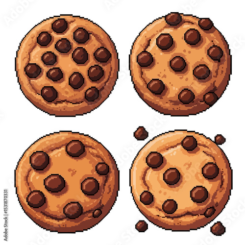 Pixelated Chocolate Chip Cookies: A Retro Gaming Food Icon Set of Four