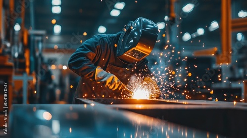 A brightly lit workshop with welders creating sparks and reflections across metal surfaces.
