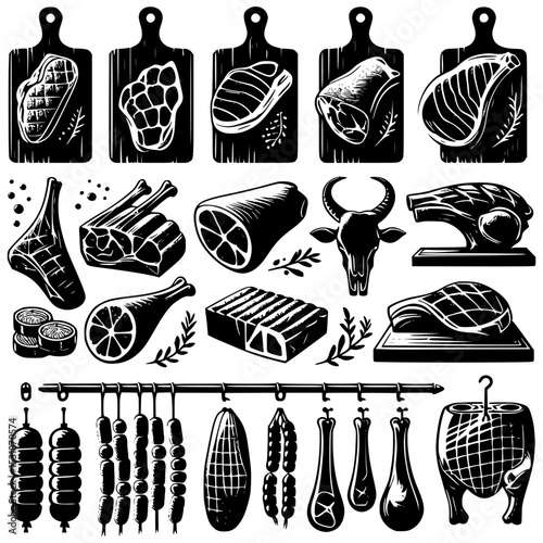 Butcher shop meat cuts and sausage collection