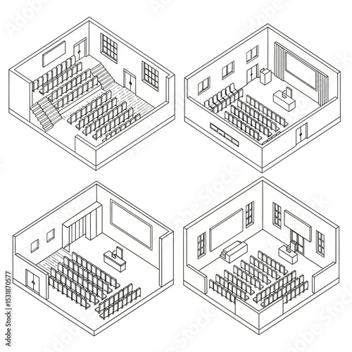 Isometric Line Drawings of Four Auditorium Layouts
