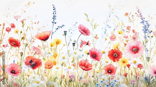 Delicate meadow inspired pattern featuring scattered poppies daisies and wildflowers in soft watercolor tones perfect for fabric prints and wallpapers