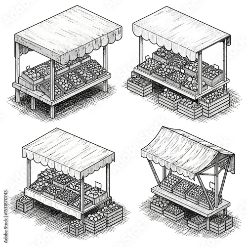 Isometric Drawings of Four Farmer's Market Stalls