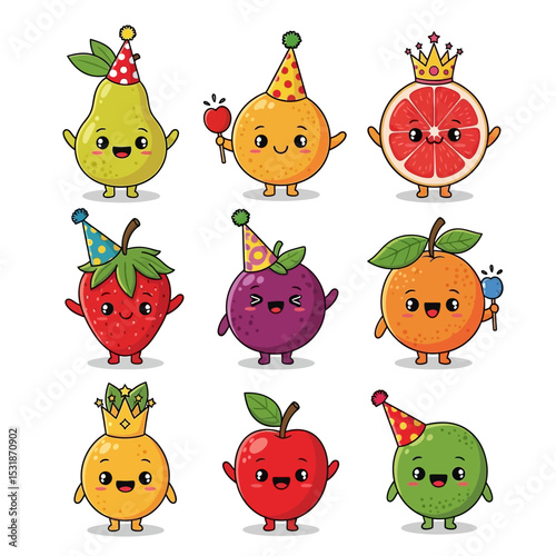 Cheerful Cartoon Fruits Celebrating with Party Hats and Royal Crowns.