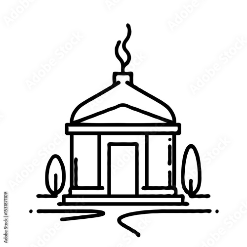 Crematory building illustrated with smoke and surrounding trees  