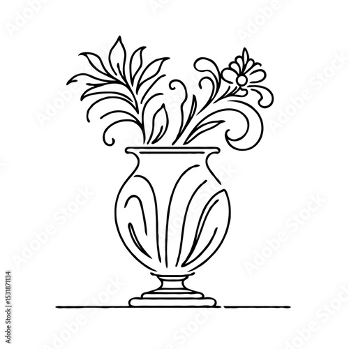 Floral urn decoration with plants and flowers in linear design  