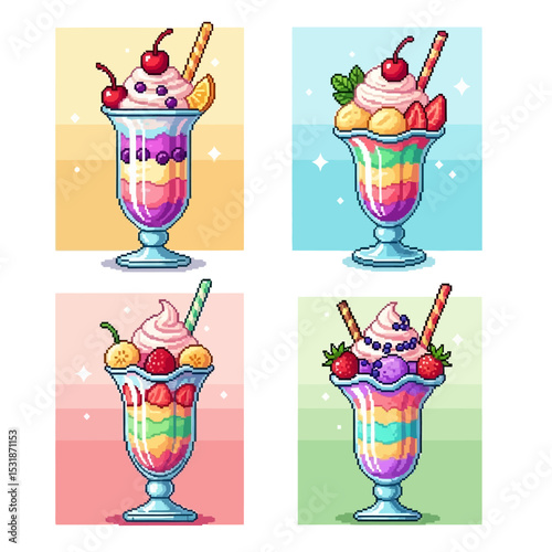 Four Colorful Pixel Art Dessert Parfaits with Berries and Fruits