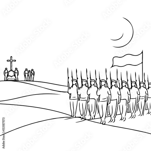 Soldiers marching in a funeral procession with a cross and flag  