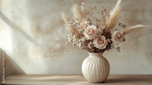 Delicate ornamental flower arrangement with dried pampas grass preserved roses and wildflowers placed in an elegant ceramic vase on a wooden table