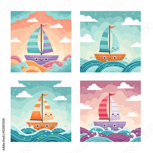 Four cartoon sailboats with smiling faces sailing on stylized waves under cloudy skies