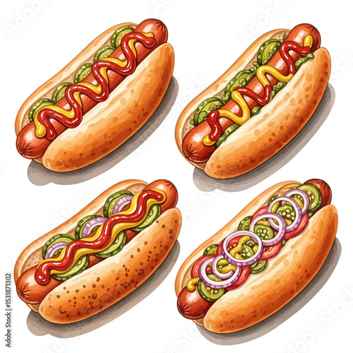 Four Detailed Illustrations of Classic Hot Dogs with Various Toppings
