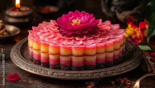 Pink And Red Layered Cake With Floral Decoration On Dark Background