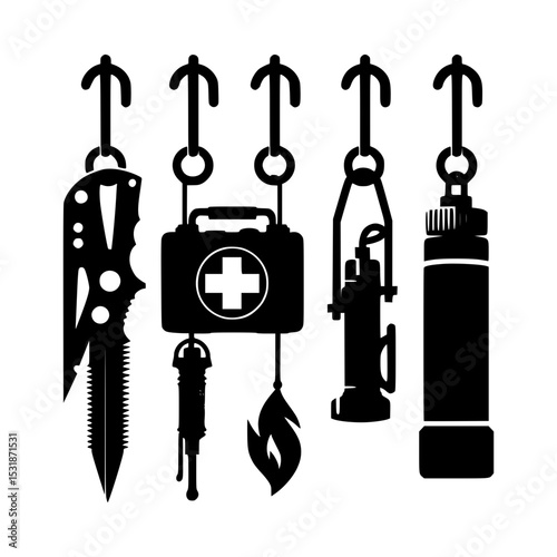 Survival kit essentials hanging on hooks