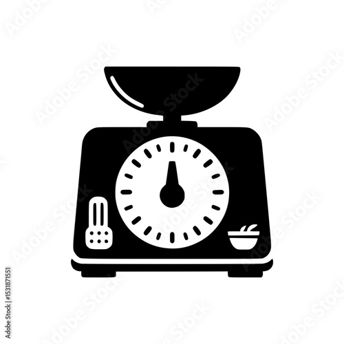 Kitchen scale icon with utensils and food