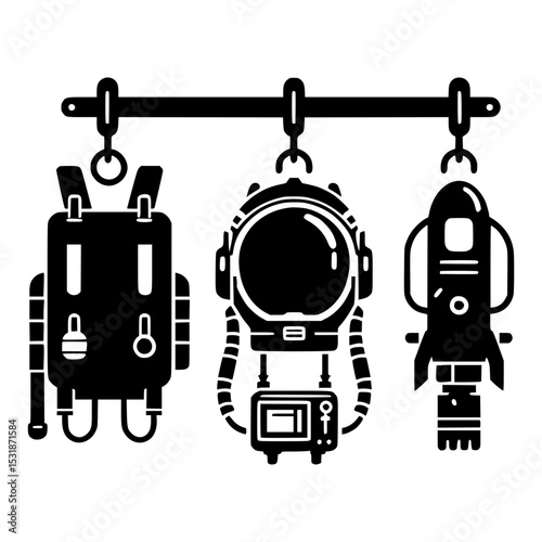 Space equipment hanging on a rack