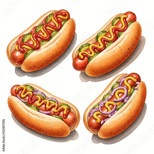 Four Delicious Hot Dogs with Various Toppings in a Colorful Illustration