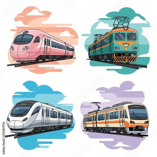 Four Stylish Train Designs Against Pastel Cloud Backdrops