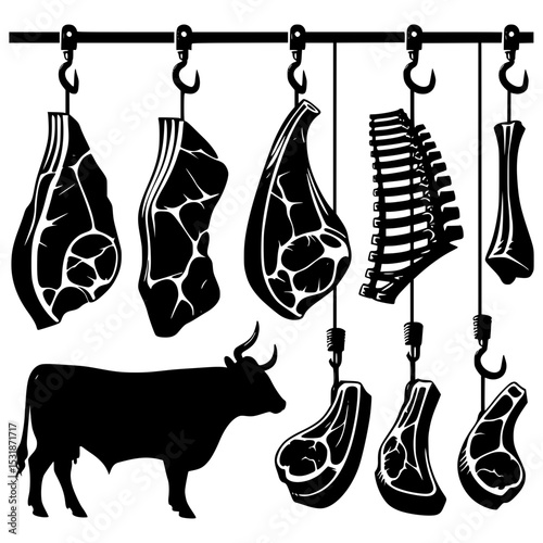 Butcher shop meat cuts hanging illustration