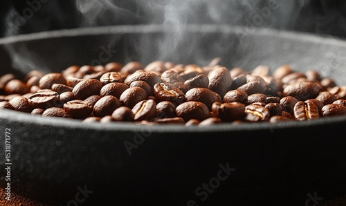 Roasted Coffee Beans Steaming in a Pan