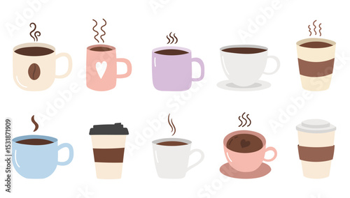 Set of coffee cups and mugs, including to-go cups, steaming mugs, and cups with decorative elements like hearts and coffee beans, vector eps10 illustration