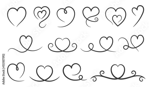 Collection of decorative heart elements with calligraphic swirls and line art, vector eps10 illustration