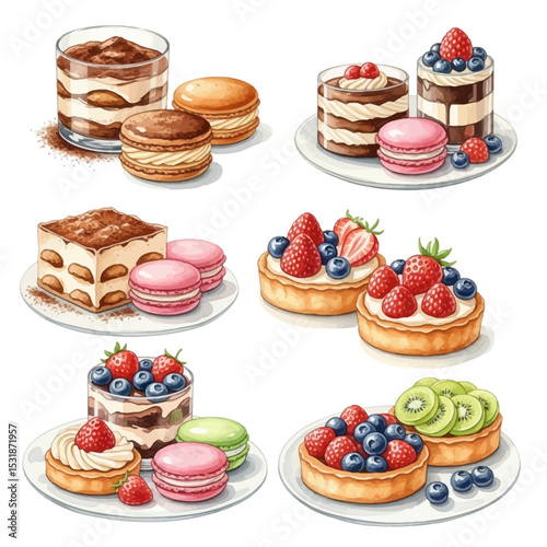 Watercolor Desserts: Tiramisu, Macarons, and Fruit Tarts on Plates