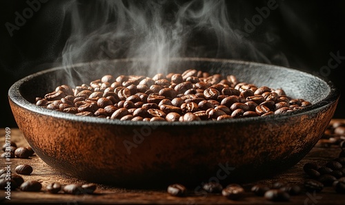 Roasted Coffee Beans Steaming in Bowl