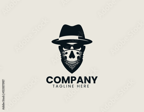 Stylized Male Face Black Hat White Skull Bandana Edgy Vector Logo Design