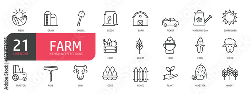 Set of line icons related to field, grain, sunflower, crop, tractor. Outline icons collection. Editable stroke. Vector illustration.