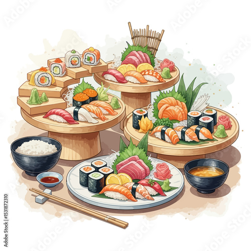 Colorful Sushi and Sashimi Platter Display