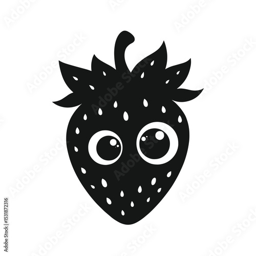 Cartoon Strawberry Black Silhouette Vector with Big Eyes and Leafy Crown on White Background