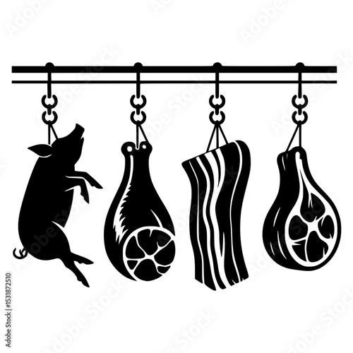 Butcher shop hanging meat and pig silhouette