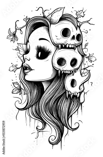 Elegant Skull Woman with Floral Accents in Artistic Black and White Design