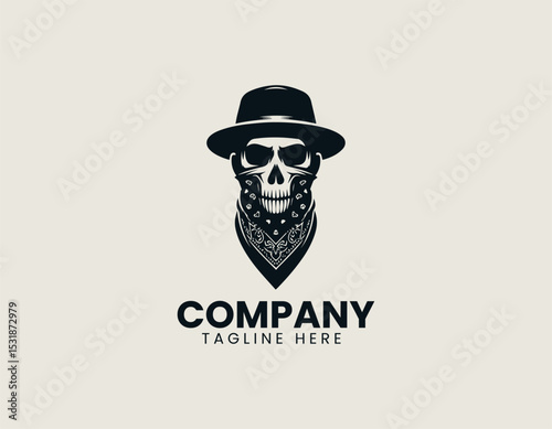 Stylized Male Face Black Hat White Skull Bandana Edgy Vector Logo Design