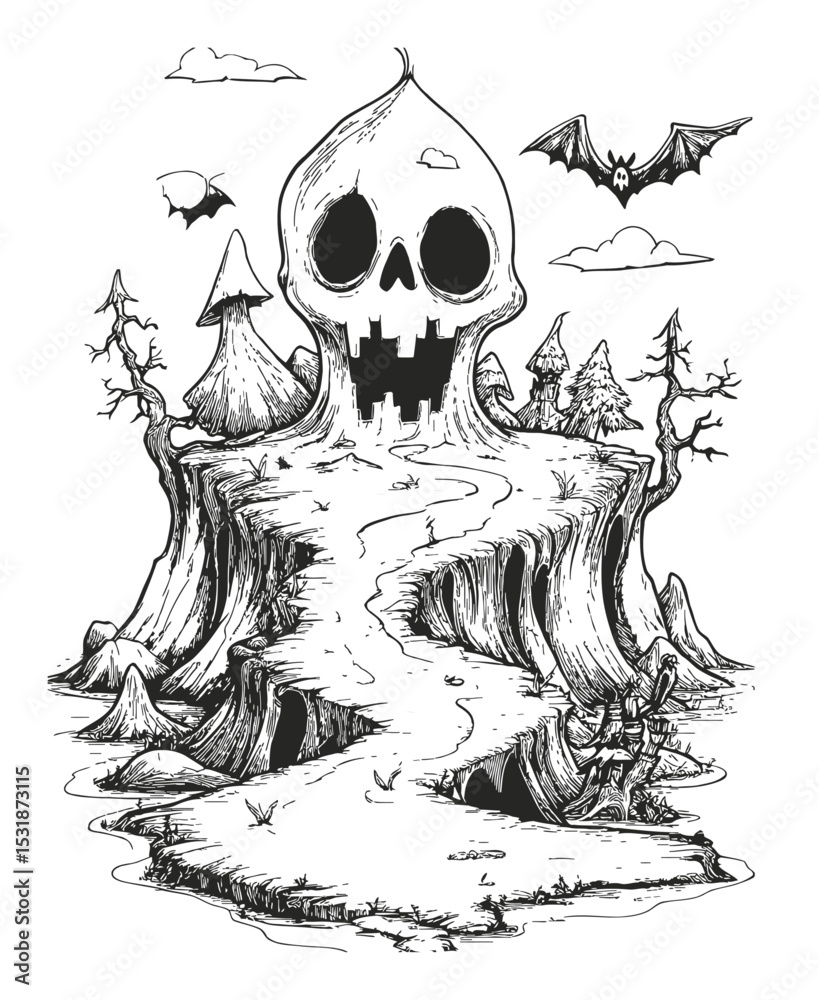 Fototapeta premium Spooky Skull Mountain Landscape with Trees and Bats in Black and White