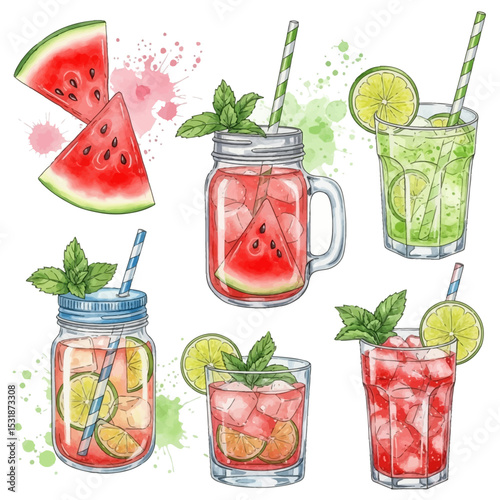 Watercolor Illustration of Refreshing Summer Drinks with Watermelon, Lime, and Mint