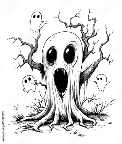 Spooky Ghost Tree Illustration with Eerie Spirits Surrounding It