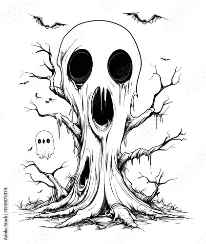 Spooky Ghost Tree Illustration with Bats and Creepy Atmosphere