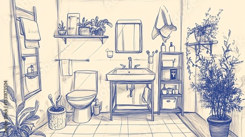 Detailed bathroom furniture doodle including a sink toilet storage shelves and plants for a homely feel