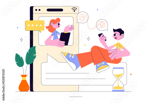 Online Therapist Consultation Vector Illustration Featuring Psychological Counseling and Practice via Smartphone Video Call on Screen in a Background