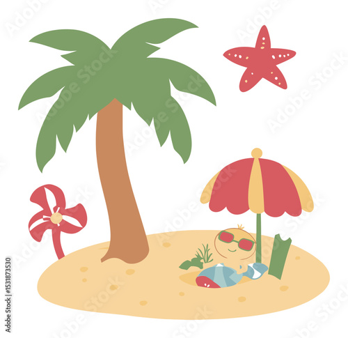 Cute Cartoon Vector of a Boy Relaxing Under an Umbrella at the Beach