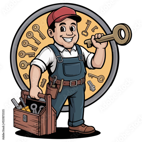 service worker keeping the key tools box logo type men vector illustration on white background, men, cartoon, character,key, tools, box, logo.