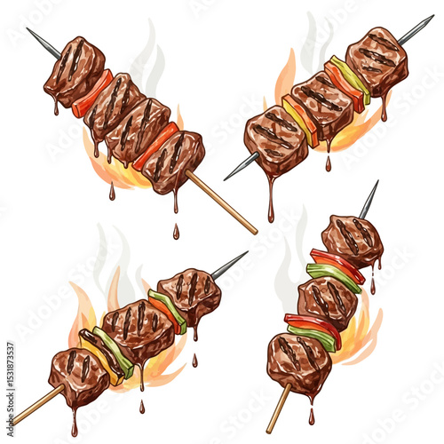 Grilled Beef Kebabs with Peppers and Onions, Flaming Skewers