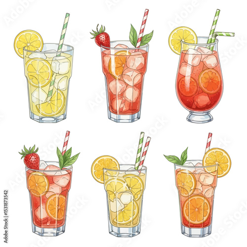 Refreshing Summer Drinks: Lemonade, Strawberry Orange Cocktail Illustrations with Straws and Ice