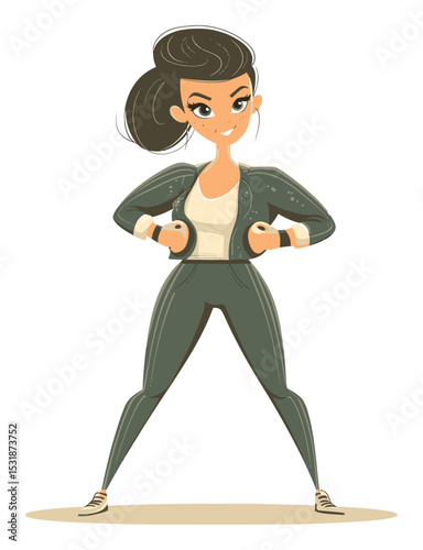 Confident Cartoon Woman in Gym Outfit Flexing Muscles with Style