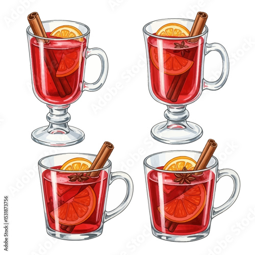 Four Hand-Drawn Glasses of Mulled Wine with Cinnamon and Citrus