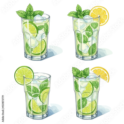 Four refreshing mojito cocktails with ice, mint, and citrus slices illustration