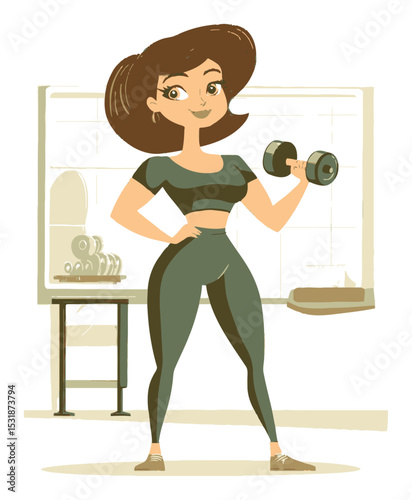 Cartoon Fitness Woman Lifting Dumbbell in a Gym Setting Vector Art