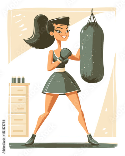 Energetic Cartoon Woman Boxing with Punching Bag in Fitness Studio