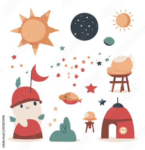 Colorful Cartoon Elements of Sun, Stars, and Whimsical Characters