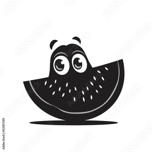Cartoon Watermelon Slice Black Silhouette Vector with Big Eyes and Seeds on White Background